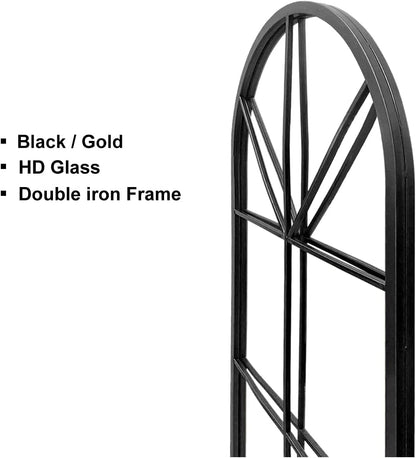 Floor Full Length Mirror, Black Arched-Top, Large Window Pane Mirror,