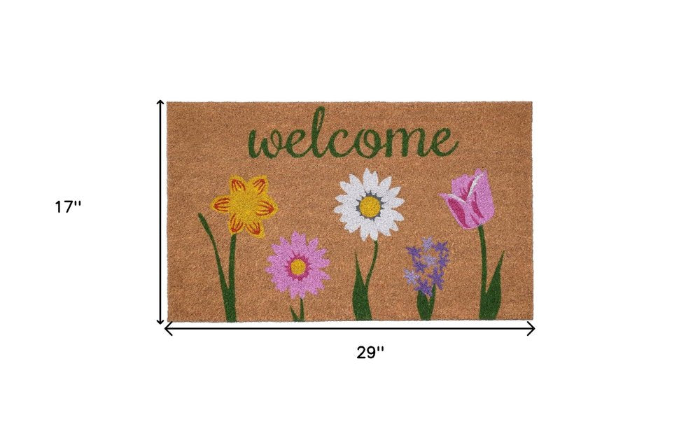 17" X 29" Natural Pink and Green Coir Floral Welcome Outdoor Door Mat
