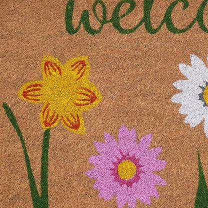 17" X 29" Natural Pink and Green Coir Floral Welcome Outdoor Door Mat