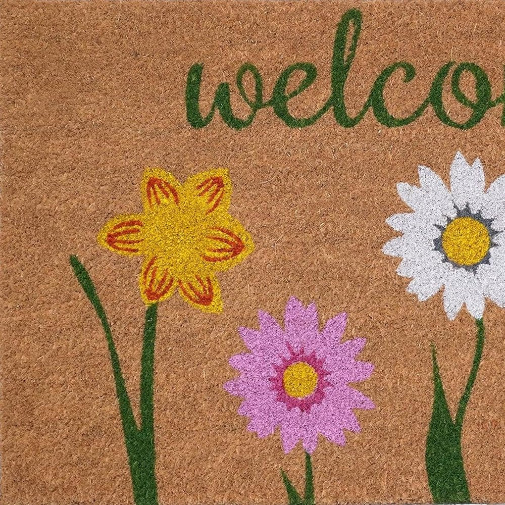 17" X 29" Natural Pink and Green Coir Floral Welcome Outdoor Door Mat