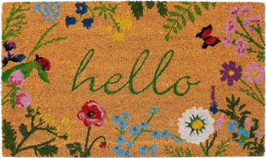 24" X 36" Natural and Green Coir Floral Hello Outdoor Door Mat