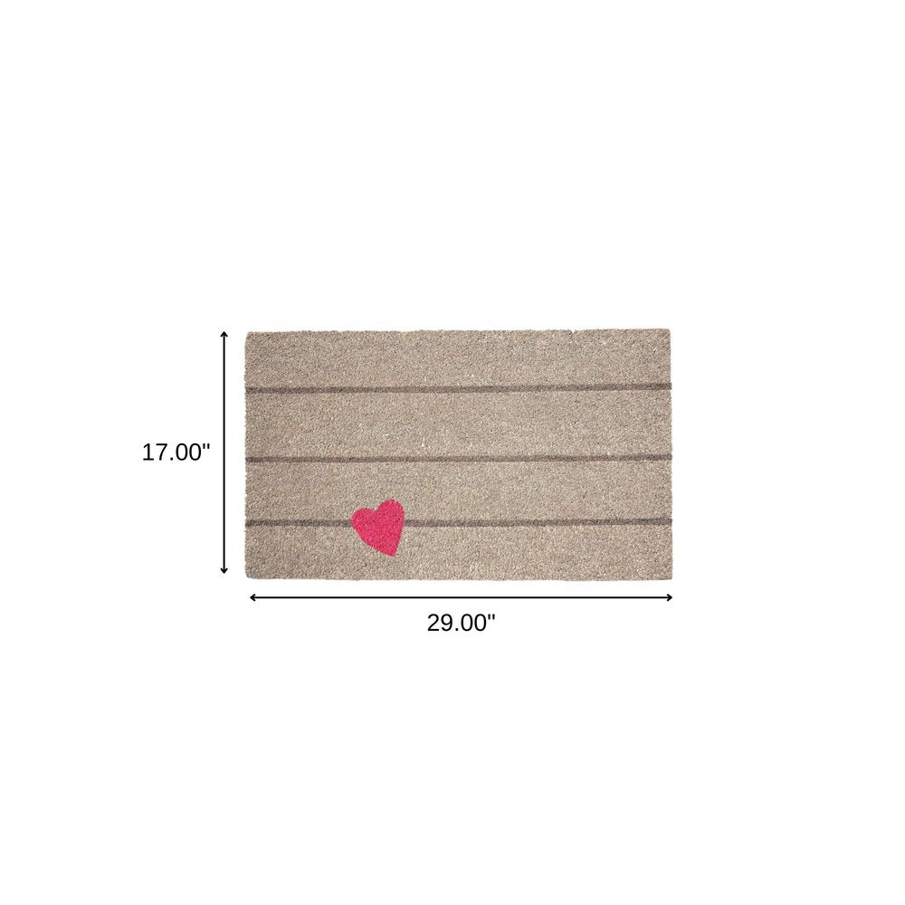 17" X 29" Gray and Pink Coir Heart and Stripe Outdoor Door Mat
