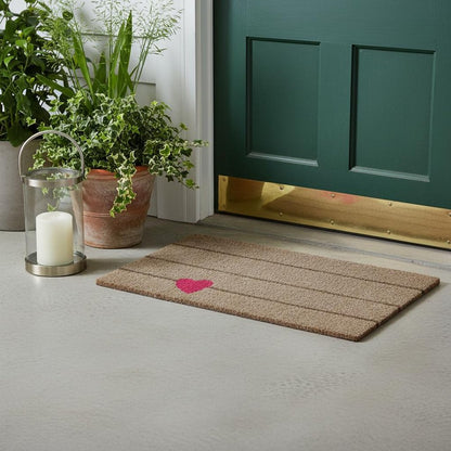 17" X 29" Gray and Pink Coir Heart and Stripe Outdoor Door Mat
