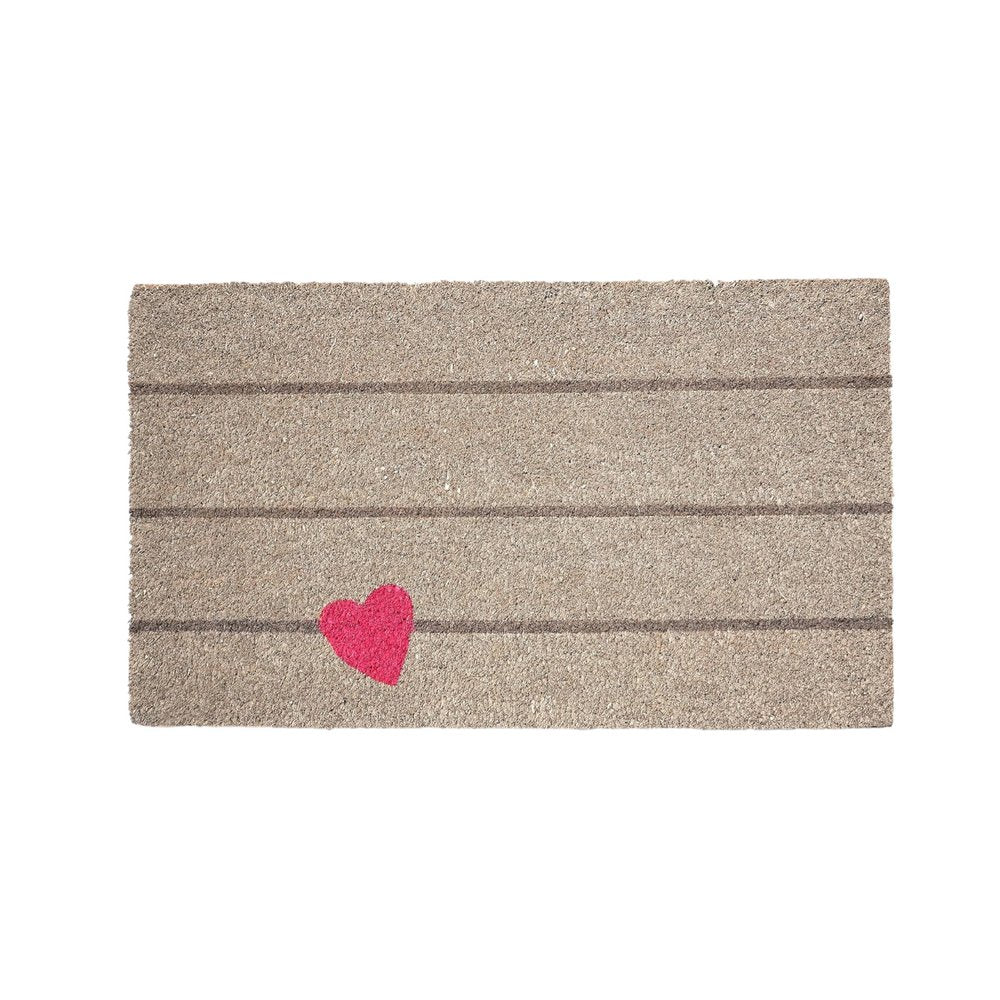 17" X 29" Gray and Pink Coir Heart and Stripe Outdoor Door Mat
