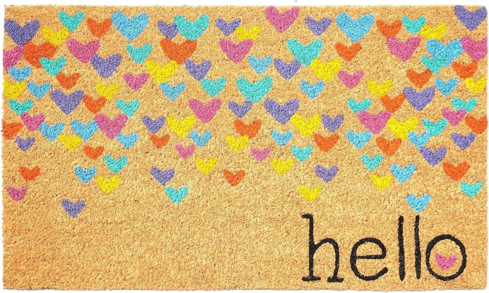 17" X 29" Natural Blue and Yellow Coir Heart Outdoor Valentine's Day Door Mat