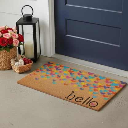 17" X 29" Natural Blue and Yellow Coir Heart Outdoor Valentine's Day Door Mat