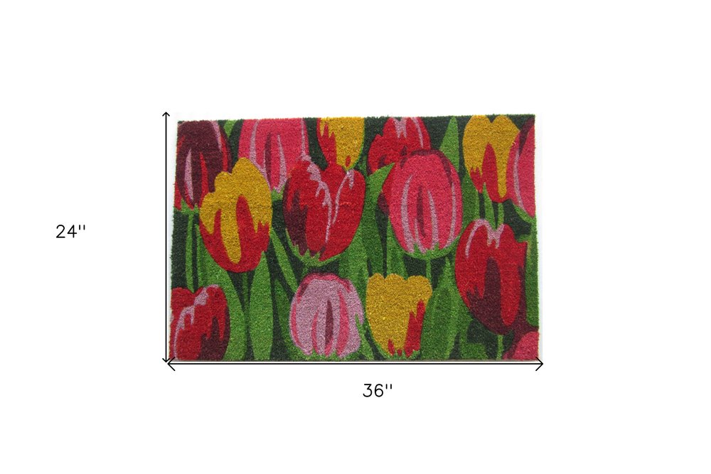 24" X 36" Red and Green Coir Floral Outdoor Spring Door Mat