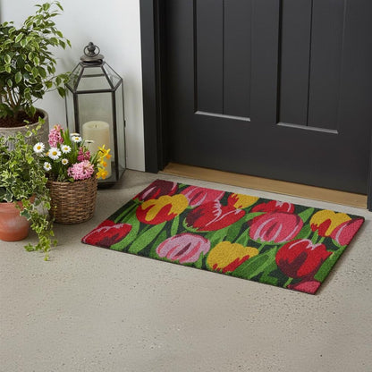 24" X 36" Red and Green Coir Floral Outdoor Spring Door Mat
