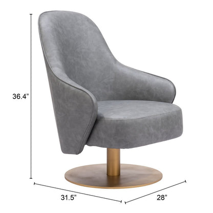 28" Gray And Gold Faux Leather And Faux Leather Swivel Arm Chair