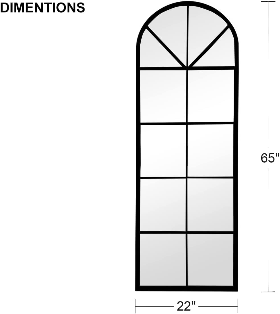 Floor Full Length Mirror, Black Arched-Top, Large Window Pane Mirror,