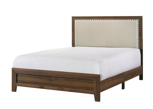 Brown Cherry Finish Fabric Upholstered Headboard Tufted Nailhead Trim 1pc Full Size Panel Bed Beautiful Wooden Bedroom Furniture