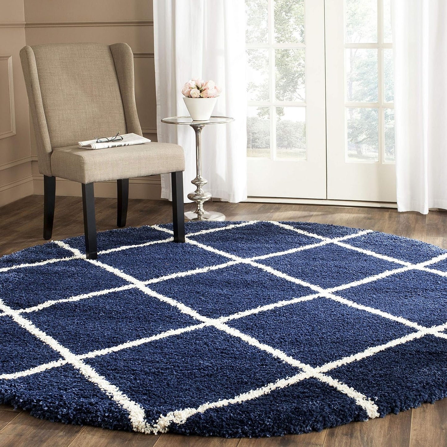 SAFAVIEH Hudson Shag Collection Area Rug - 7' Square, Beige & Ivory, Modern Trellis Design, Non-Shedding & Easy Care, 2-Inch Thick Ideal for High Traffic Areas in Living Room, Bedroom (SGH281S)