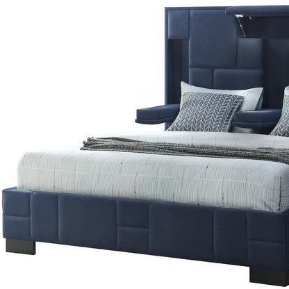 Navy Blue Tufted Upholstered Lighted King Bed Frame