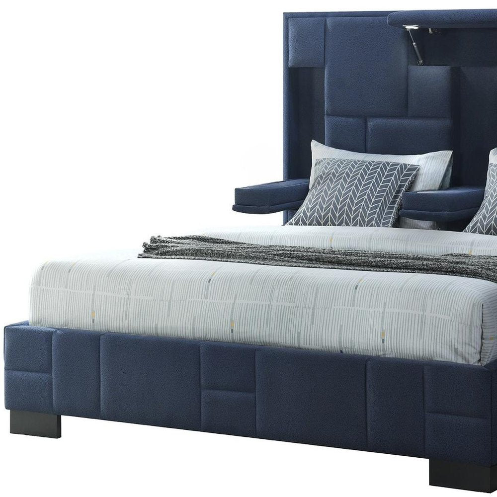 Navy Blue Tufted Upholstered Lighted King Bed Frame