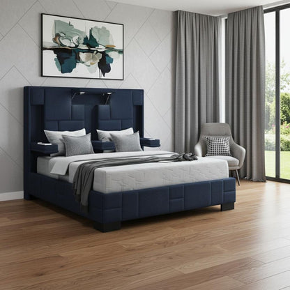 Navy Blue And Upholstered Lighted Queen Bed Frame with USB
