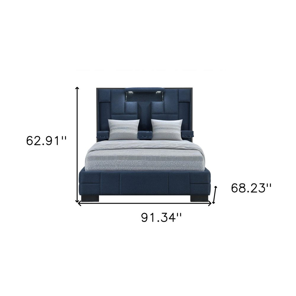 Navy Blue And Upholstered Lighted Queen Bed Frame with USB
