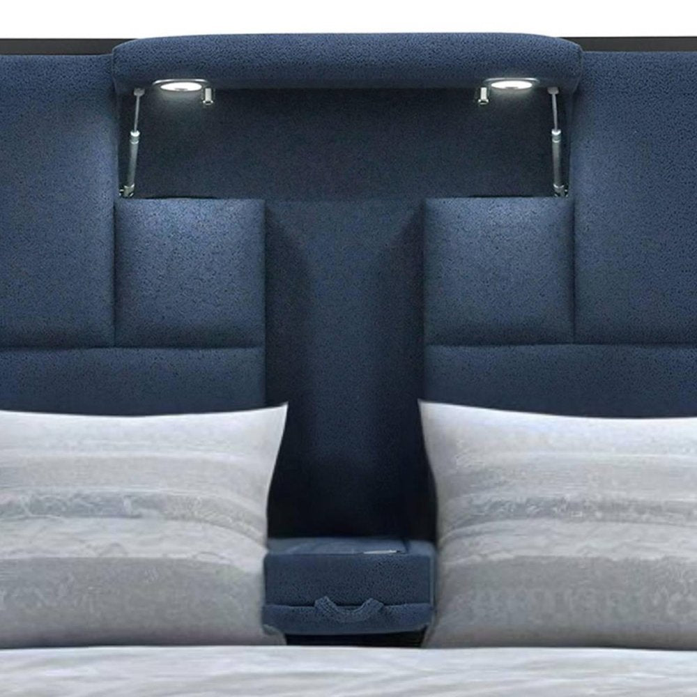 Navy Blue And Upholstered Lighted Queen Bed Frame with USB