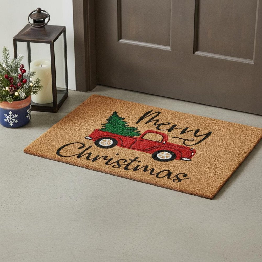 24" X 36" Brown Red And Green Christmas Merry Christmas Outdoor Coir Door Mat