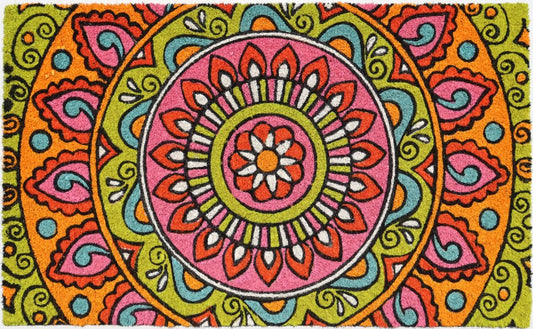 18" X 30" Green and Pink Coir Abstract Outdoor Door Mat