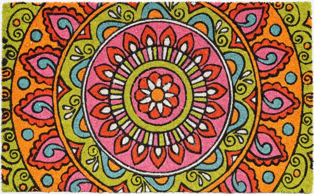 18" X 30" Green and Pink Coir Abstract Outdoor Door Mat