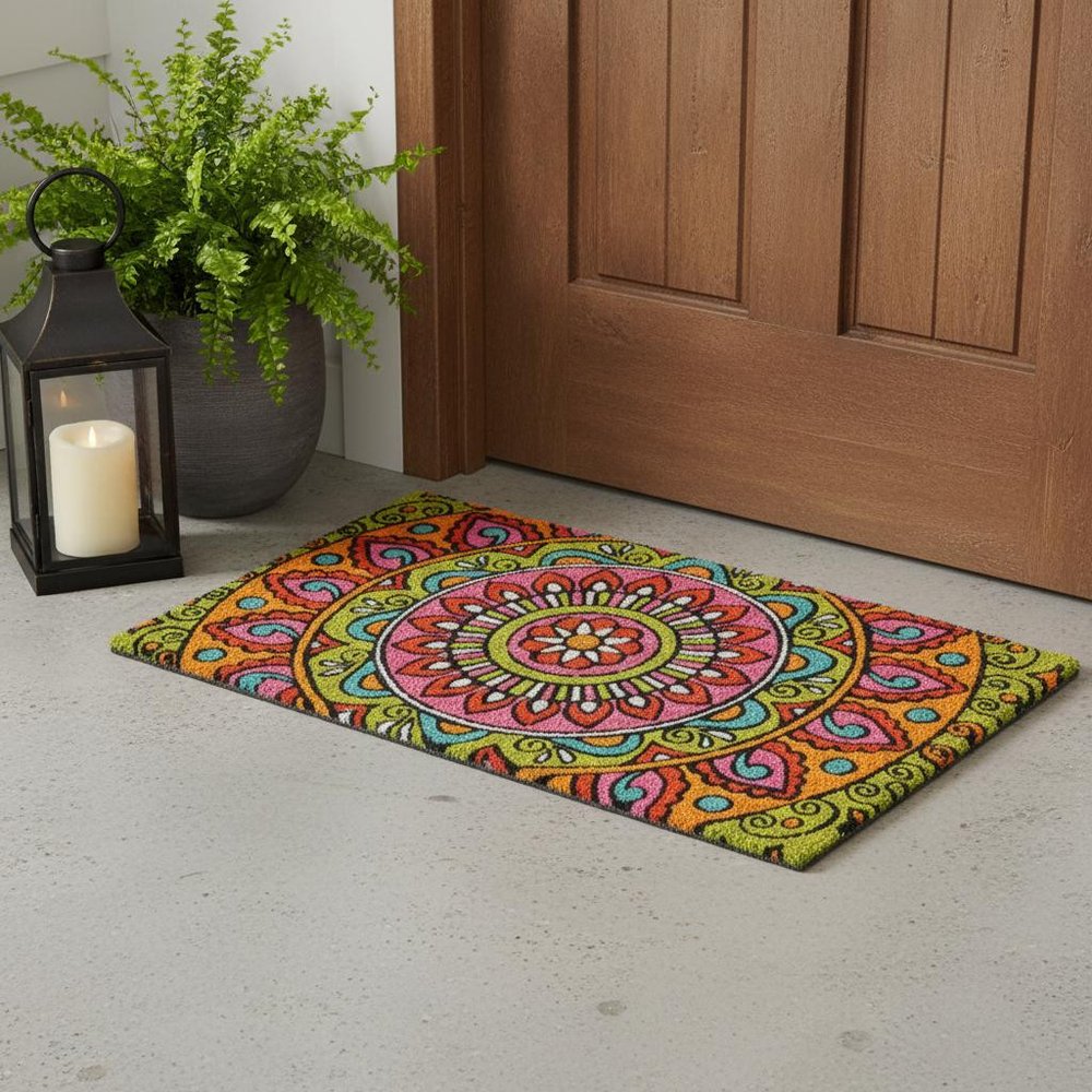 18" X 30" Green and Pink Coir Abstract Outdoor Door Mat