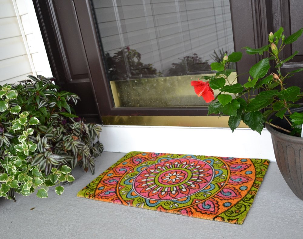 18" X 30" Green and Pink Coir Abstract Outdoor Door Mat