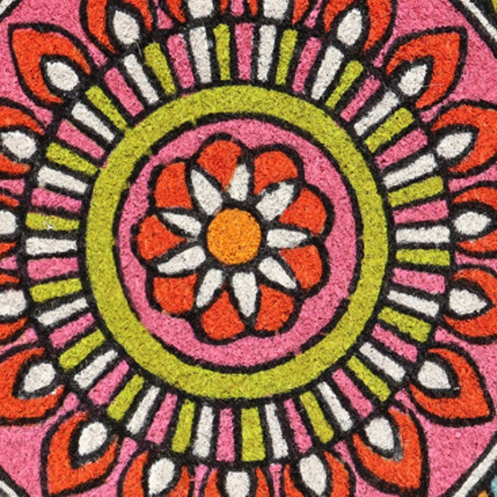 18" X 30" Green and Pink Coir Abstract Outdoor Door Mat