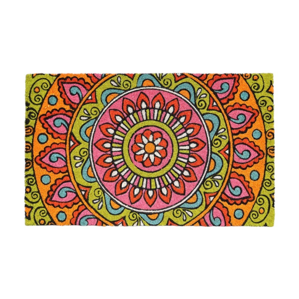 18" X 30" Green and Pink Coir Abstract Outdoor Door Mat