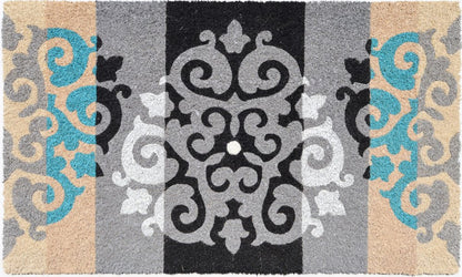 18" X 30" Beige and White Coir Damask Outdoor Door Mat