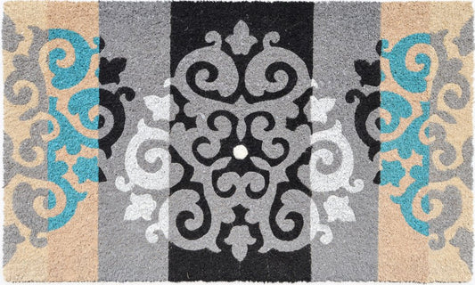 18" X 30" Beige and White Coir Damask Outdoor Door Mat