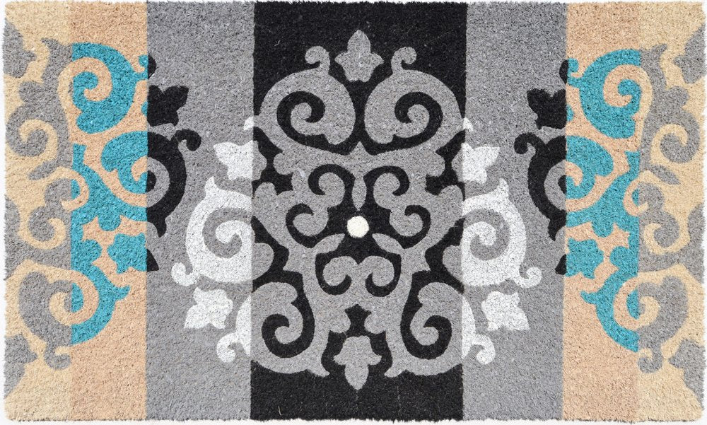 18" X 30" Beige and White Coir Damask Outdoor Door Mat