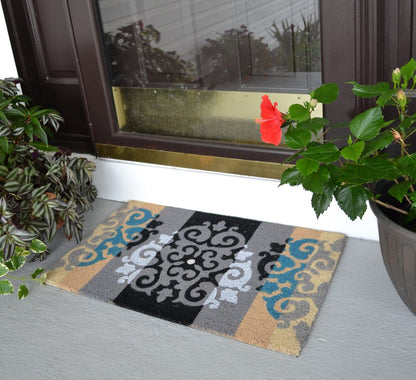 18" X 30" Beige and White Coir Damask Outdoor Door Mat