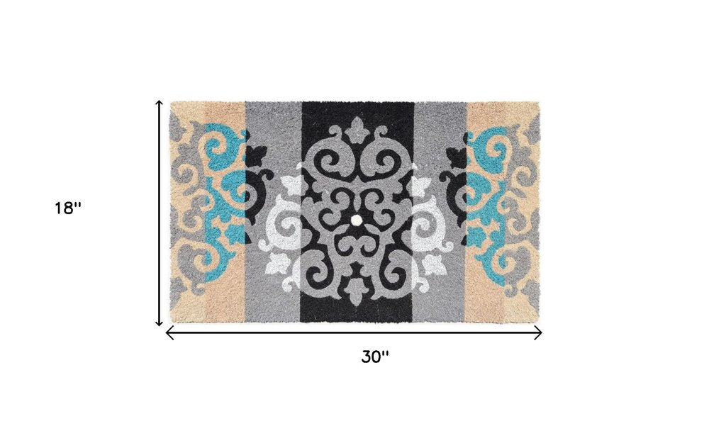18" X 30" Beige and White Coir Damask Outdoor Door Mat