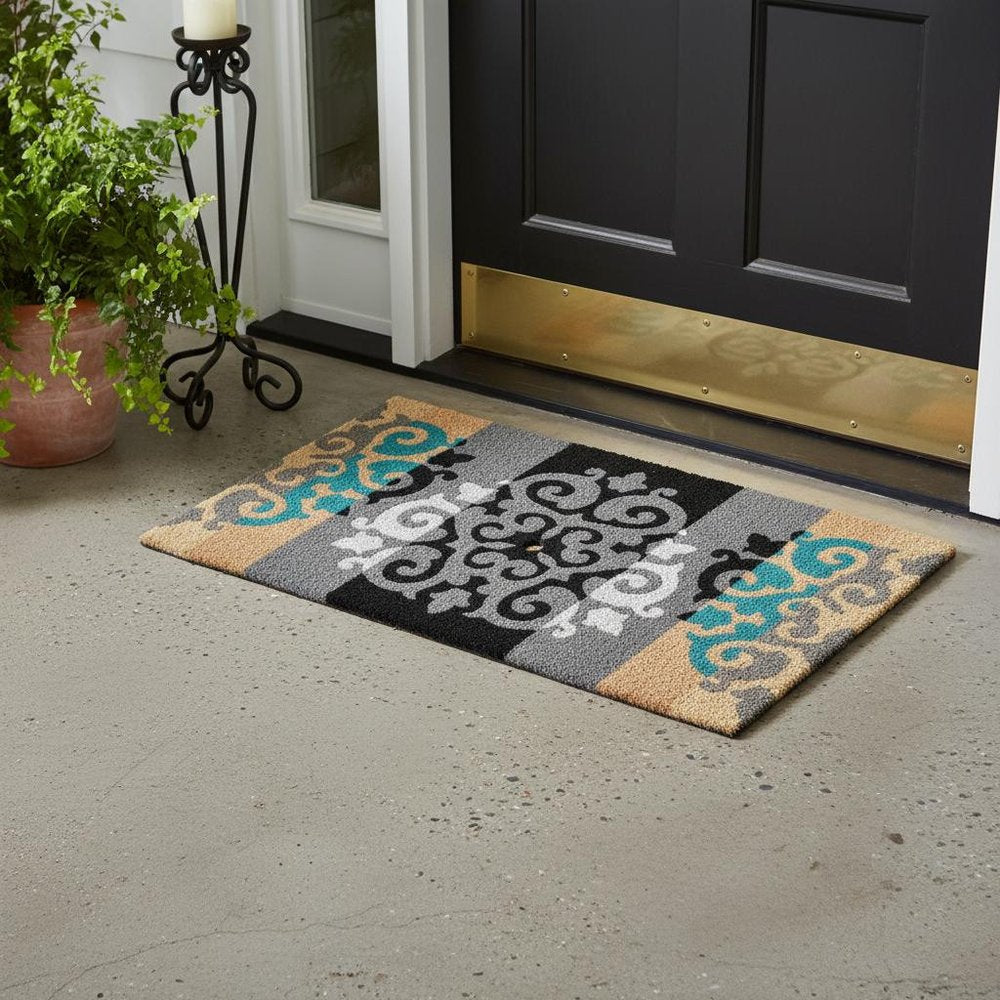 18" X 30" Beige and White Coir Damask Outdoor Door Mat