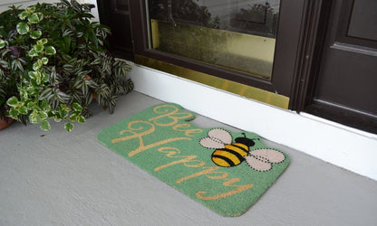 18" X 30" Beige and Green Coir Bees Outdoor Door Mat
