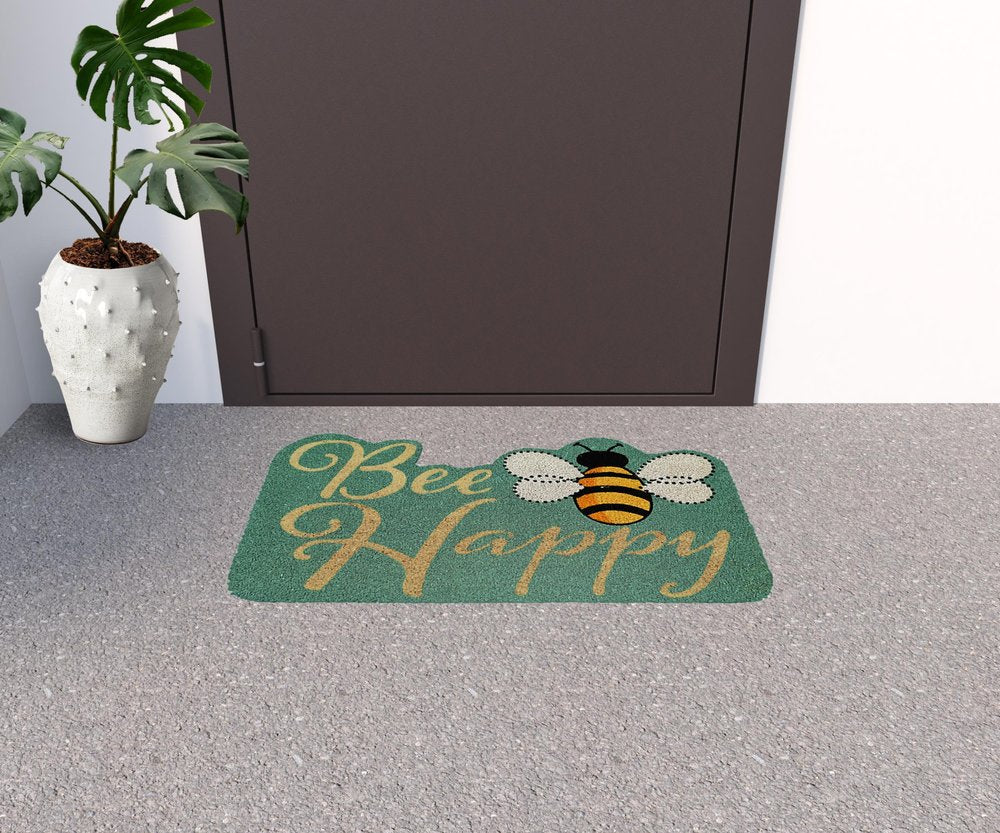 18" X 30" Beige and Green Coir Bees Outdoor Door Mat