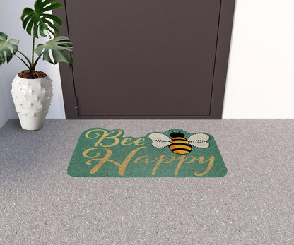 18" X 30" Beige and Green Coir Bees Outdoor Door Mat