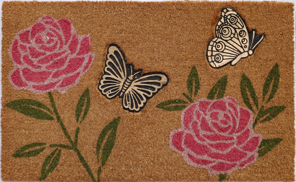 18" X 30" Beige and Pink Coir Floral Outdoor Door Mat