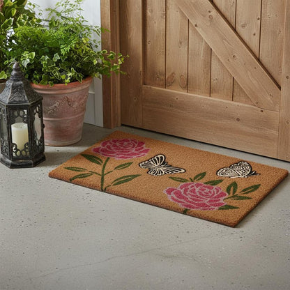 18" X 30" Beige and Pink Coir Floral Outdoor Door Mat