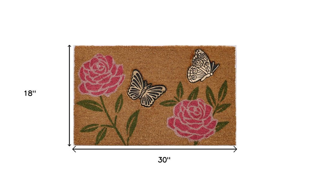 18" X 30" Beige and Pink Coir Floral Outdoor Door Mat