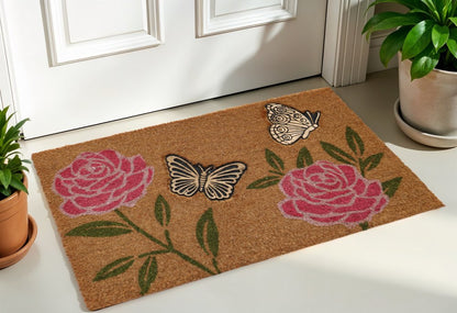18" X 30" Beige and Pink Coir Floral Outdoor Door Mat