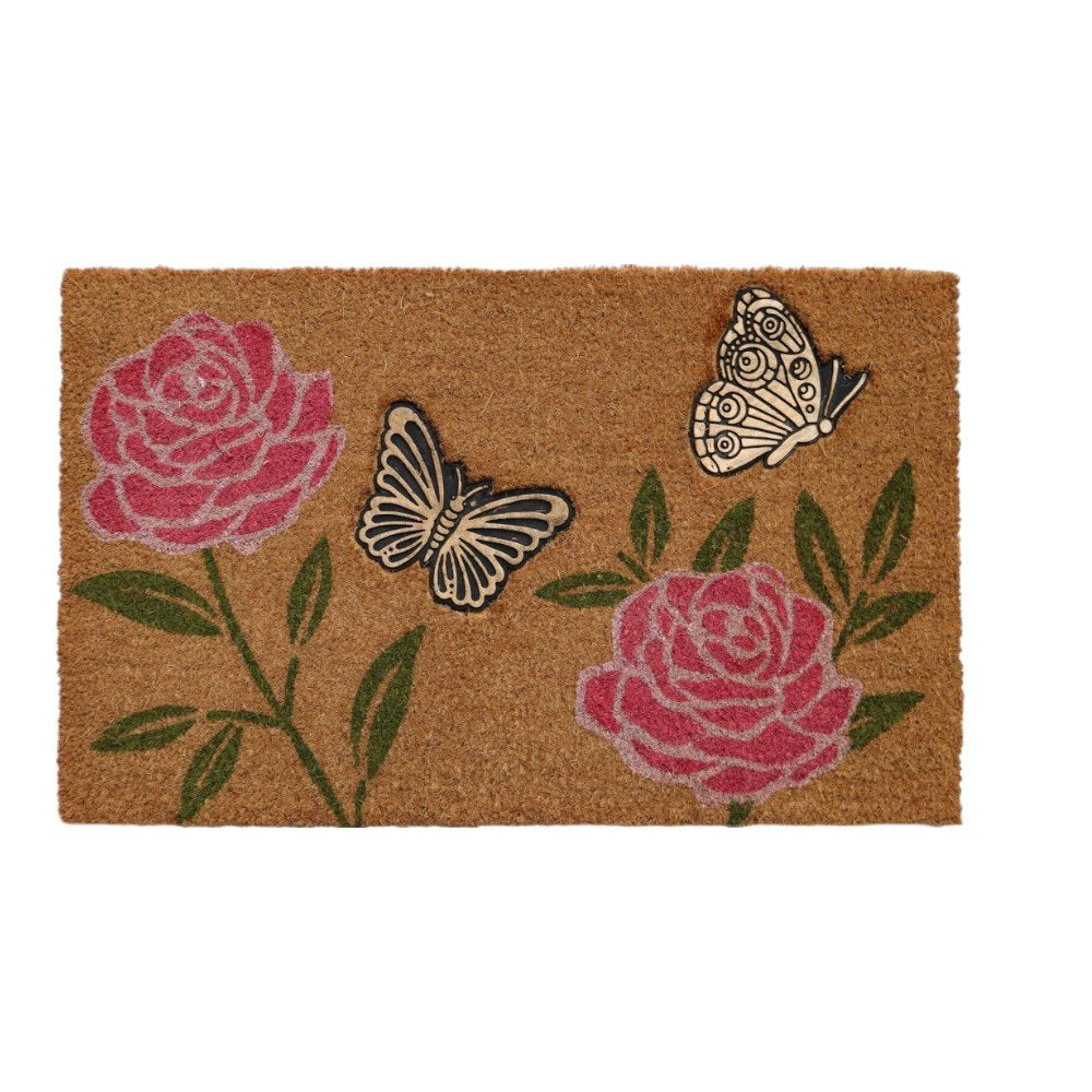 18" X 30" Beige and Pink Coir Floral Outdoor Door Mat