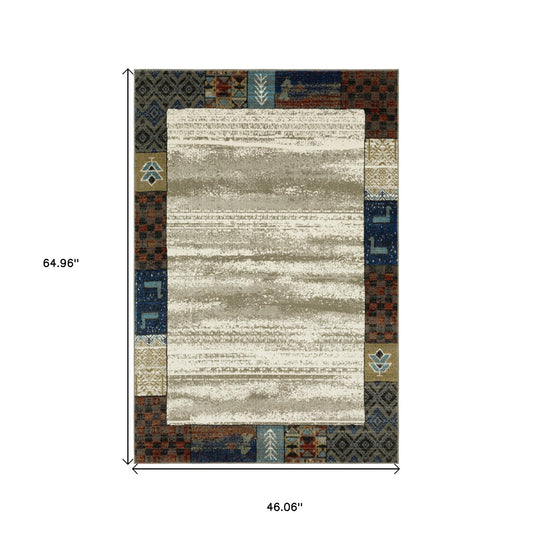10' X 13' Ivory Tan And Blue Patchwork Area Rug