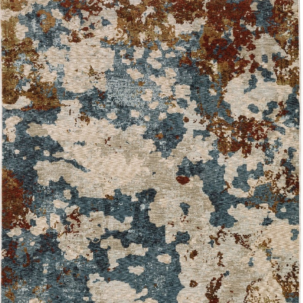5' X 8' Beige Rust And Teal Abstract Distressed Area Rug With Fringe