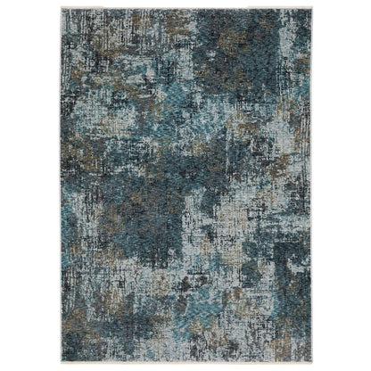 7' X 10' Blue And Gray Abstract Distressed Area Rug With Fringe