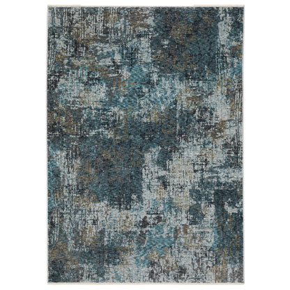 7' X 10' Blue And Gray Abstract Distressed Area Rug With Fringe