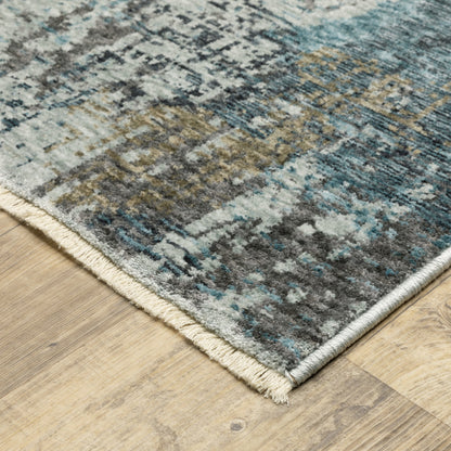 7' X 10' Blue And Gray Abstract Distressed Area Rug With Fringe