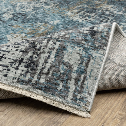 7' X 10' Blue And Gray Abstract Distressed Area Rug With Fringe