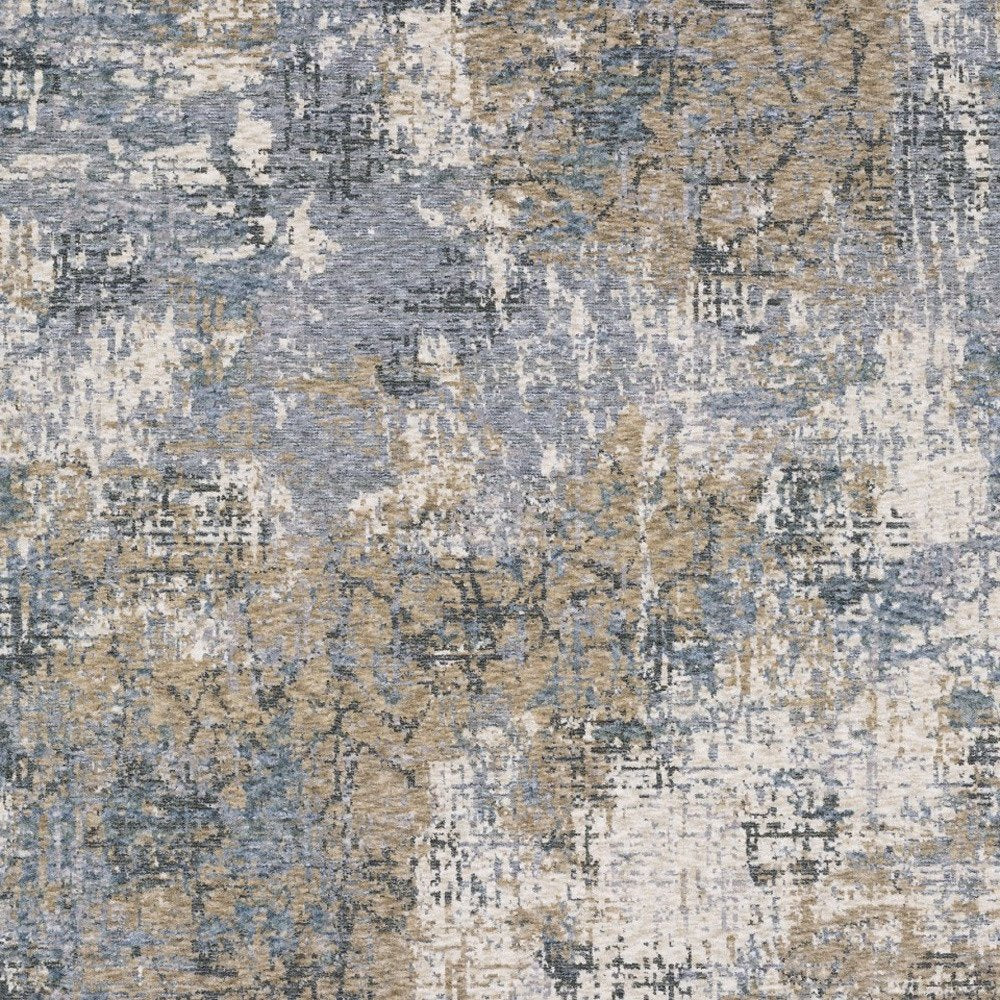 10' X 13' Beige And Blue Abstract Distressed Area Rug With Fringe