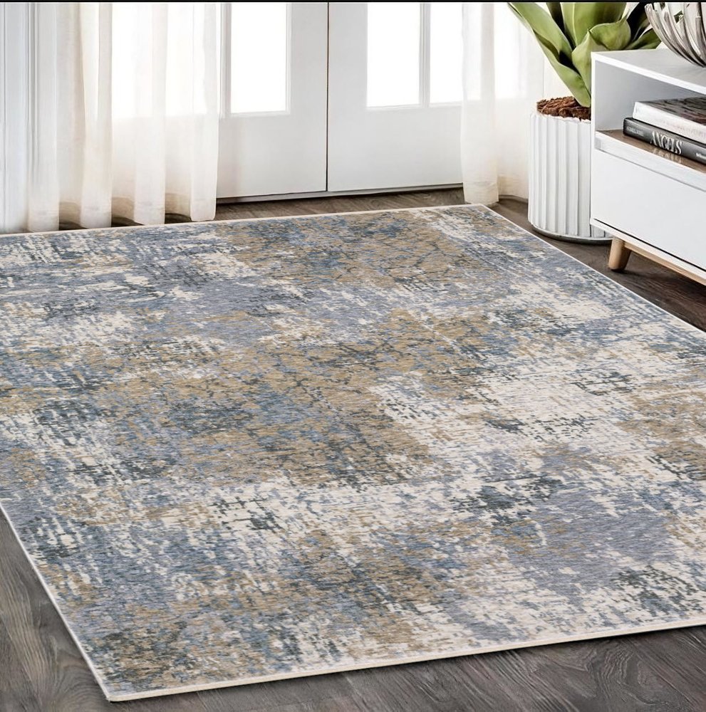 10' X 13' Beige And Blue Abstract Distressed Area Rug With Fringe